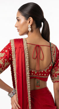 RED SATIN EMBROIDERED DRAPED SAREE - BRO-914-RED - image 3