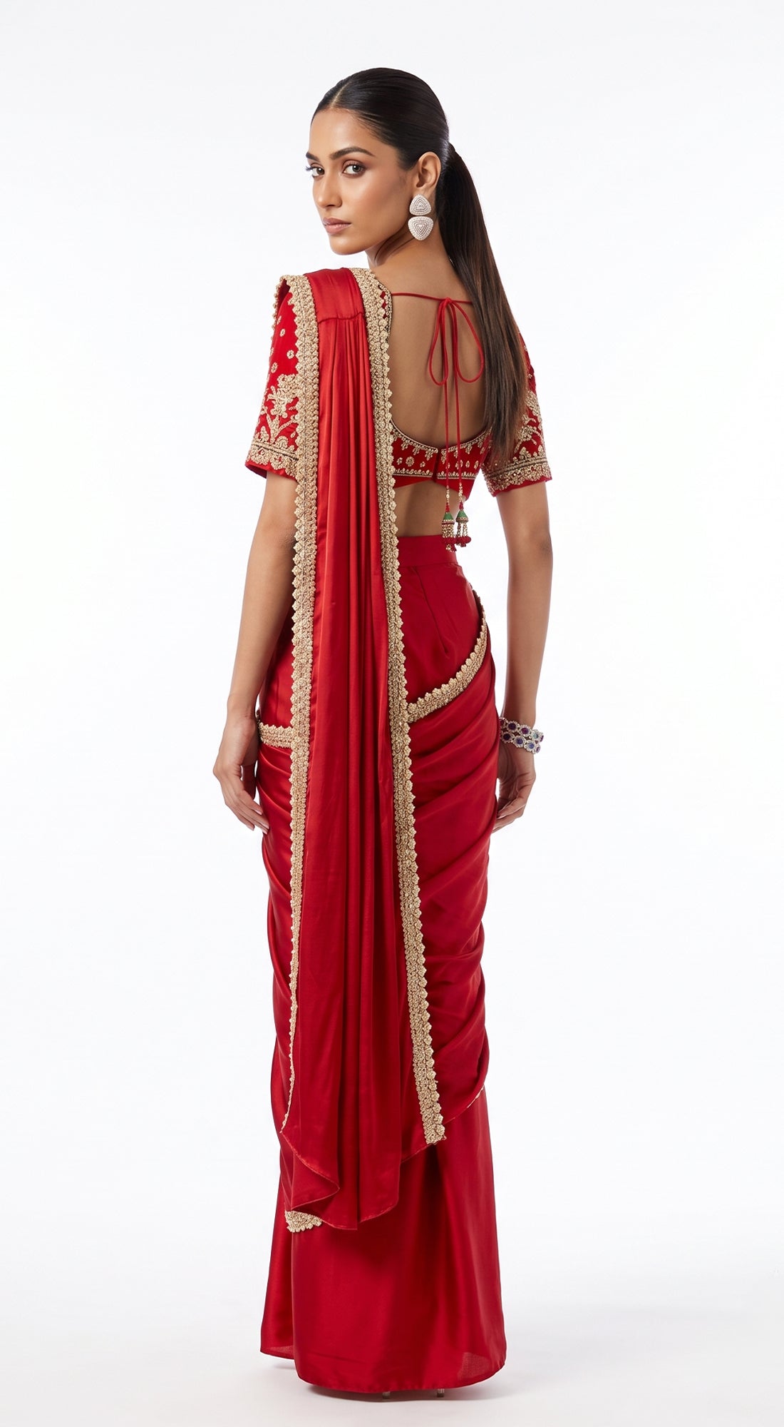RED SATIN EMBROIDERED DRAPED SAREE - BRO-914-RED - image 4