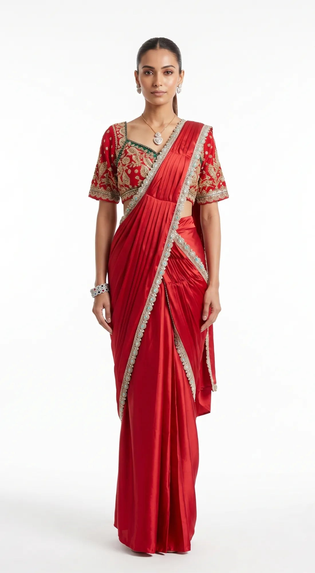 RED SATIN EMBROIDERED DRAPED SAREE - BRO-914-RED - image 1