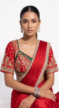 RED SATIN EMBROIDERED DRAPED SAREE - BRO-914-RED - image 2