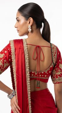 RED SATIN EMBROIDERED DRAPED SAREE - BRO-914-RED - image 3