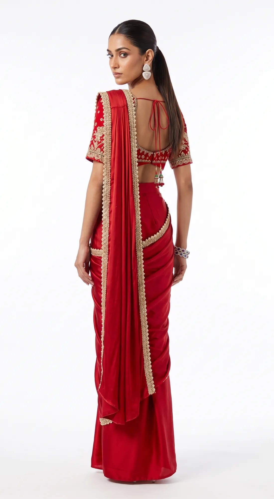 RED SATIN EMBROIDERED DRAPED SAREE - BRO-914-RED - image 4