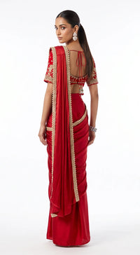 RED SATIN EMBROIDERED DRAPED SAREE - BRO-914-RED - image 4