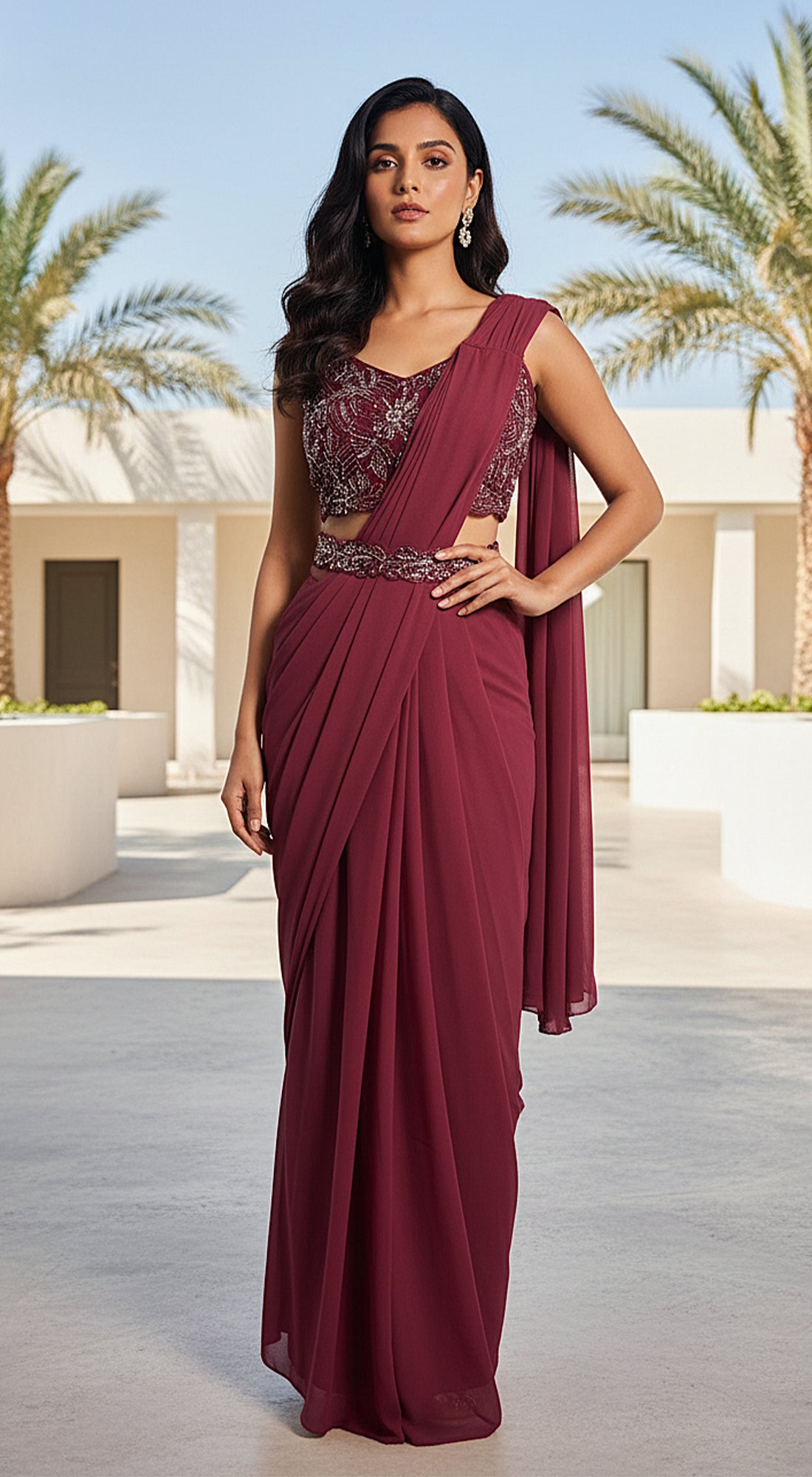 Red georgette draped saree set with cutdana work from Basanti Kapde Aur Koffee