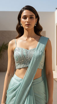 Aqua Crushed Tissue Draped Saree