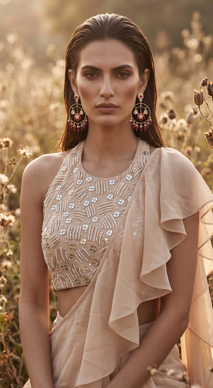 Ivory Georgette Embroidered Pleated Saree