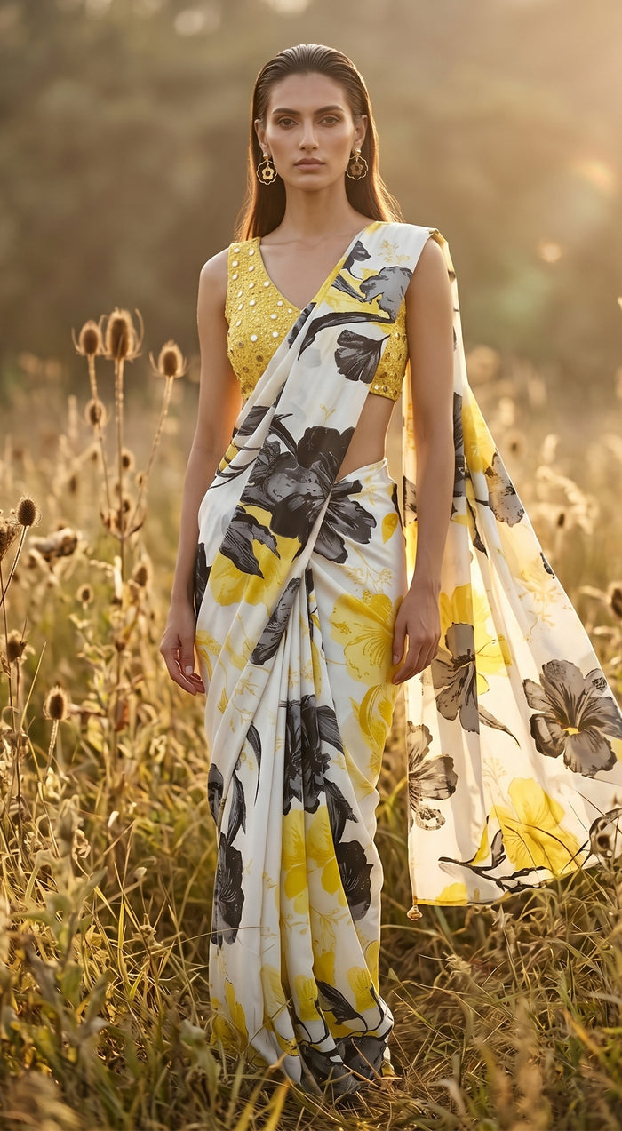 Yellow Crepe Embroidered Saree