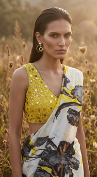 Yellow Crepe Embroidered Saree