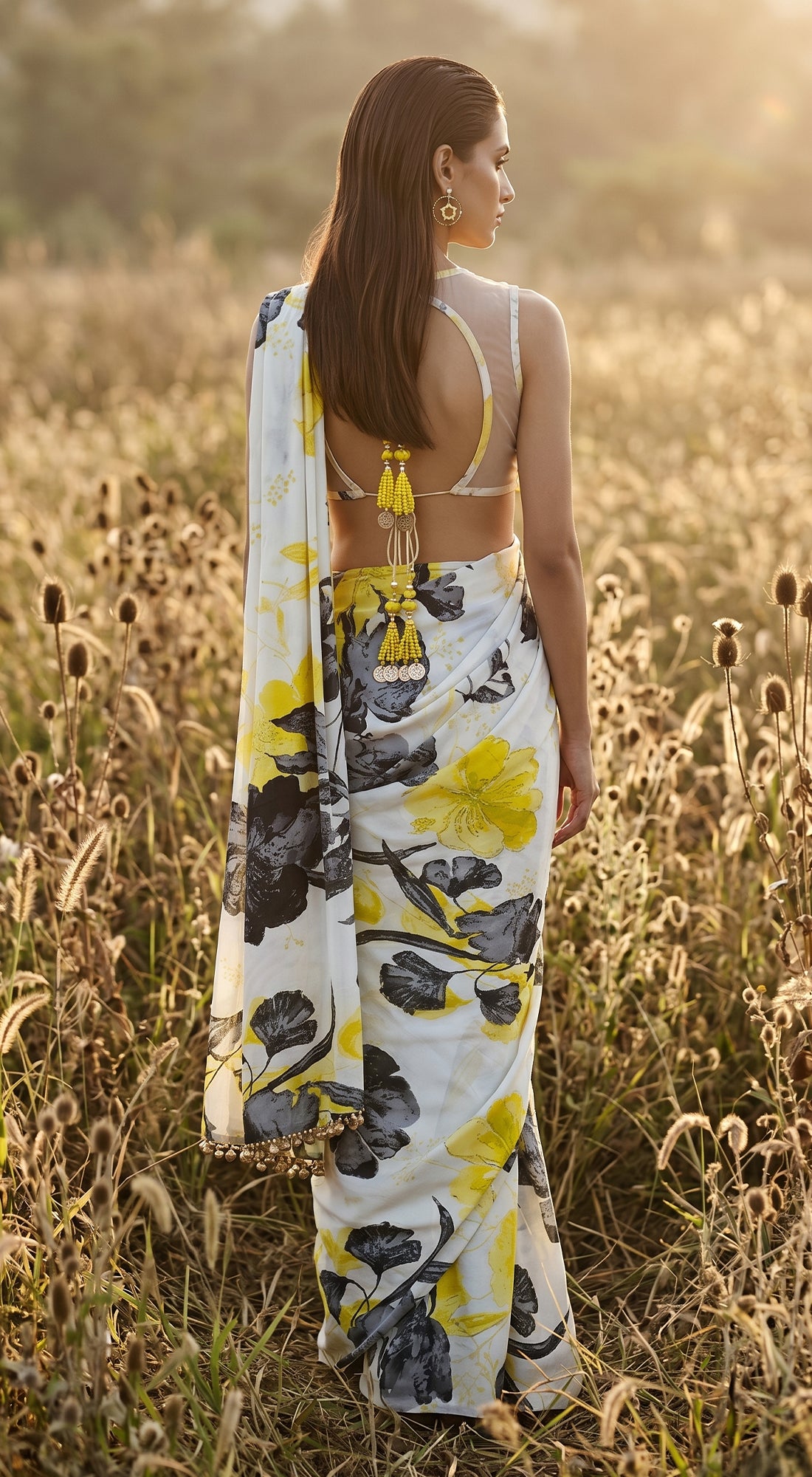 Yellow Crepe Embroidered Saree