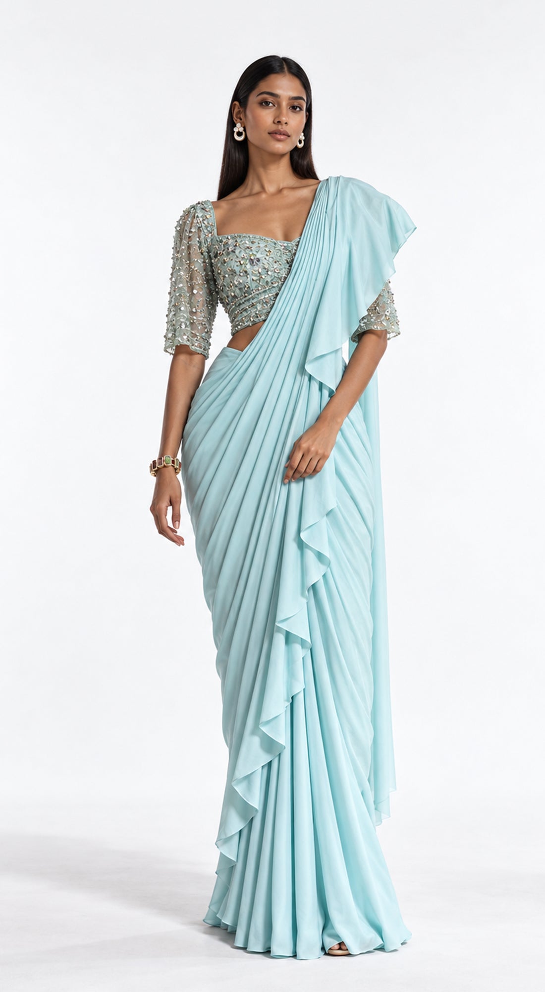 AQUA EMBROIDERED DRAPED RUFFLE SAREE - BRR-3770-AQUA - image 1