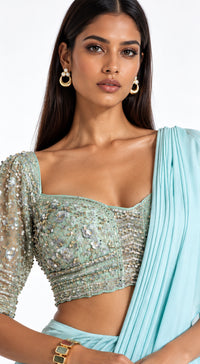 AQUA EMBROIDERED DRAPED RUFFLE SAREE - BRR-3770-AQUA - image 2