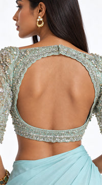 AQUA EMBROIDERED DRAPED RUFFLE SAREE - BRR-3770-AQUA - image 3