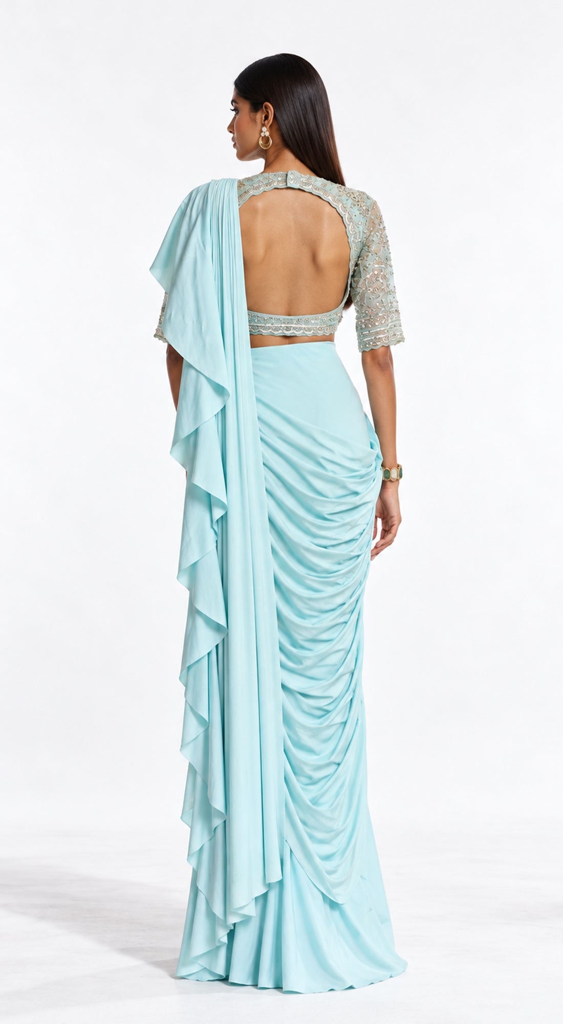 AQUA EMBROIDERED DRAPED RUFFLE SAREE - BRR-3770-AQUA - image 4