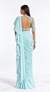 AQUA EMBROIDERED DRAPED RUFFLE SAREE - BRR-3770-AQUA - image 4