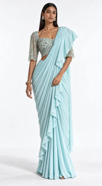 AQUA EMBROIDERED DRAPED RUFFLE SAREE - BRR-3770-AQUA - image 1