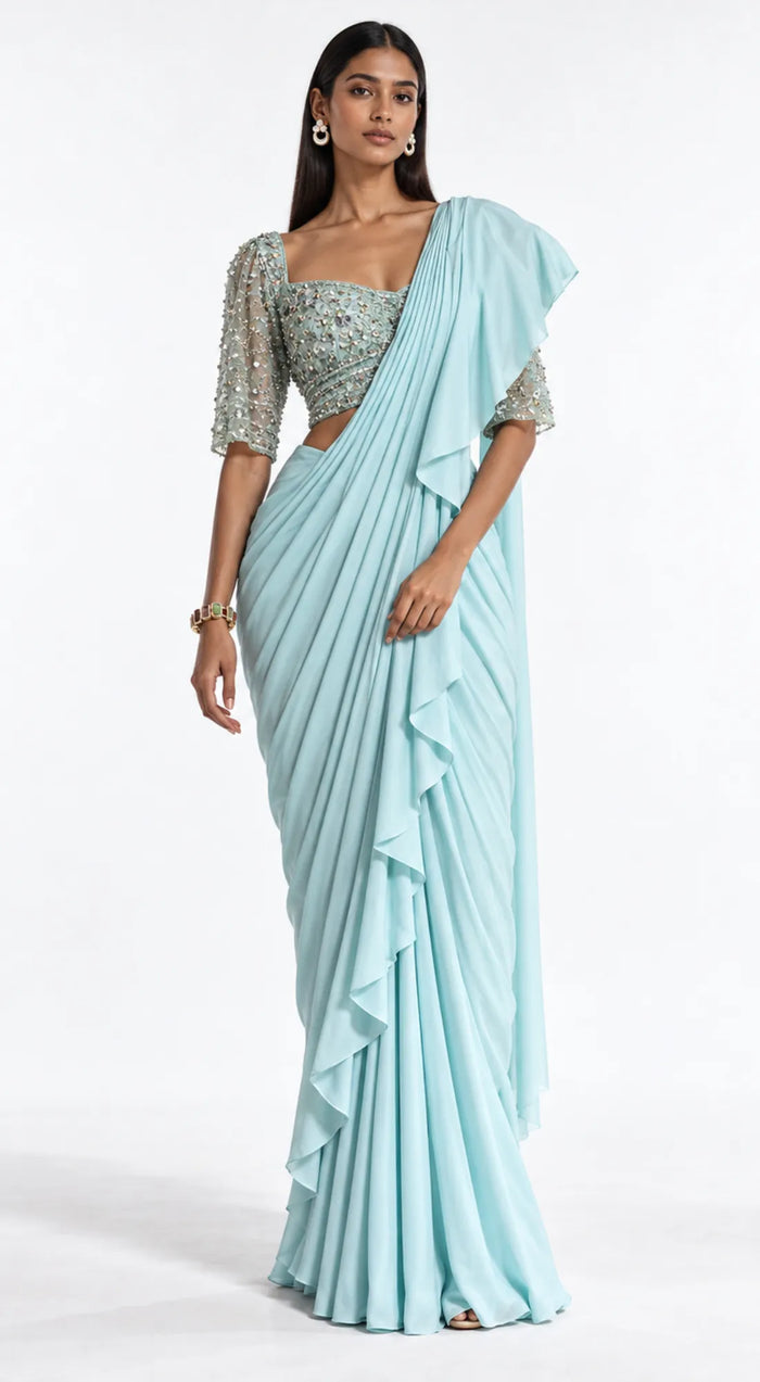 AQUA EMBROIDERED DRAPED RUFFLE SAREE - BRR-3770-AQUA - image 1