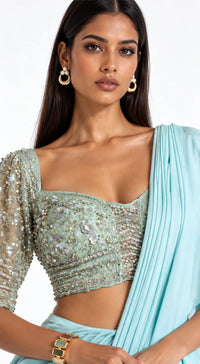 AQUA EMBROIDERED DRAPED RUFFLE SAREE - BRR-3770-AQUA - image 2