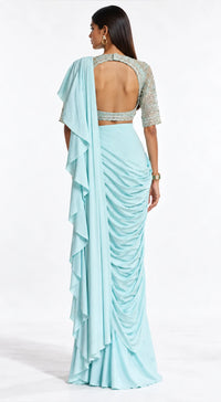 AQUA EMBROIDERED DRAPED RUFFLE SAREE - BRR-3770-AQUA - image 4