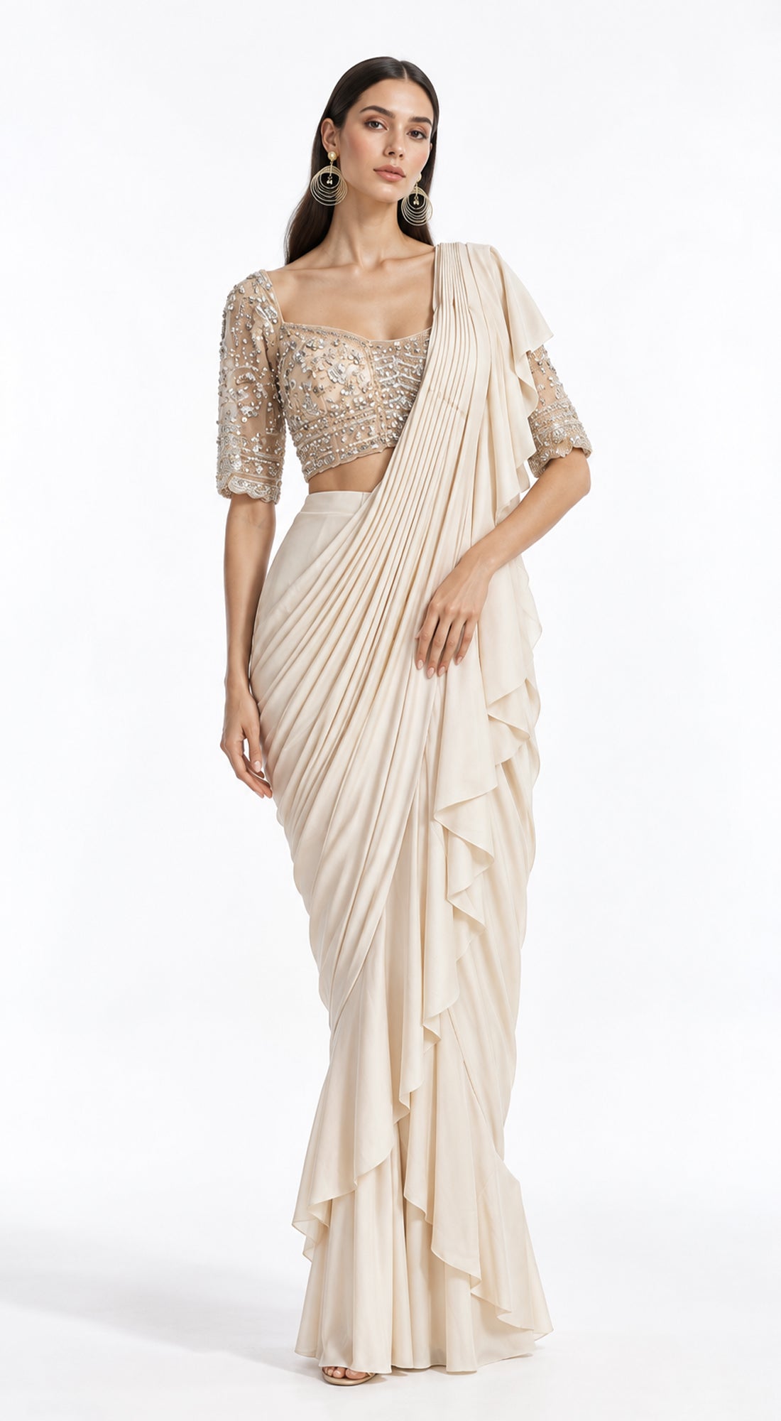 IVORY EMBROIDERED DRAPED RUFFLE SAREE - BRR-3770-GOLD - image 1