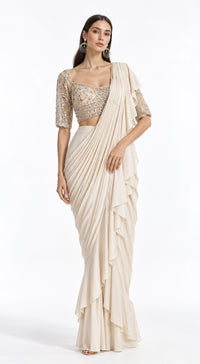 IVORY EMBROIDERED DRAPED RUFFLE SAREE - BRR-3770-GOLD - image 1