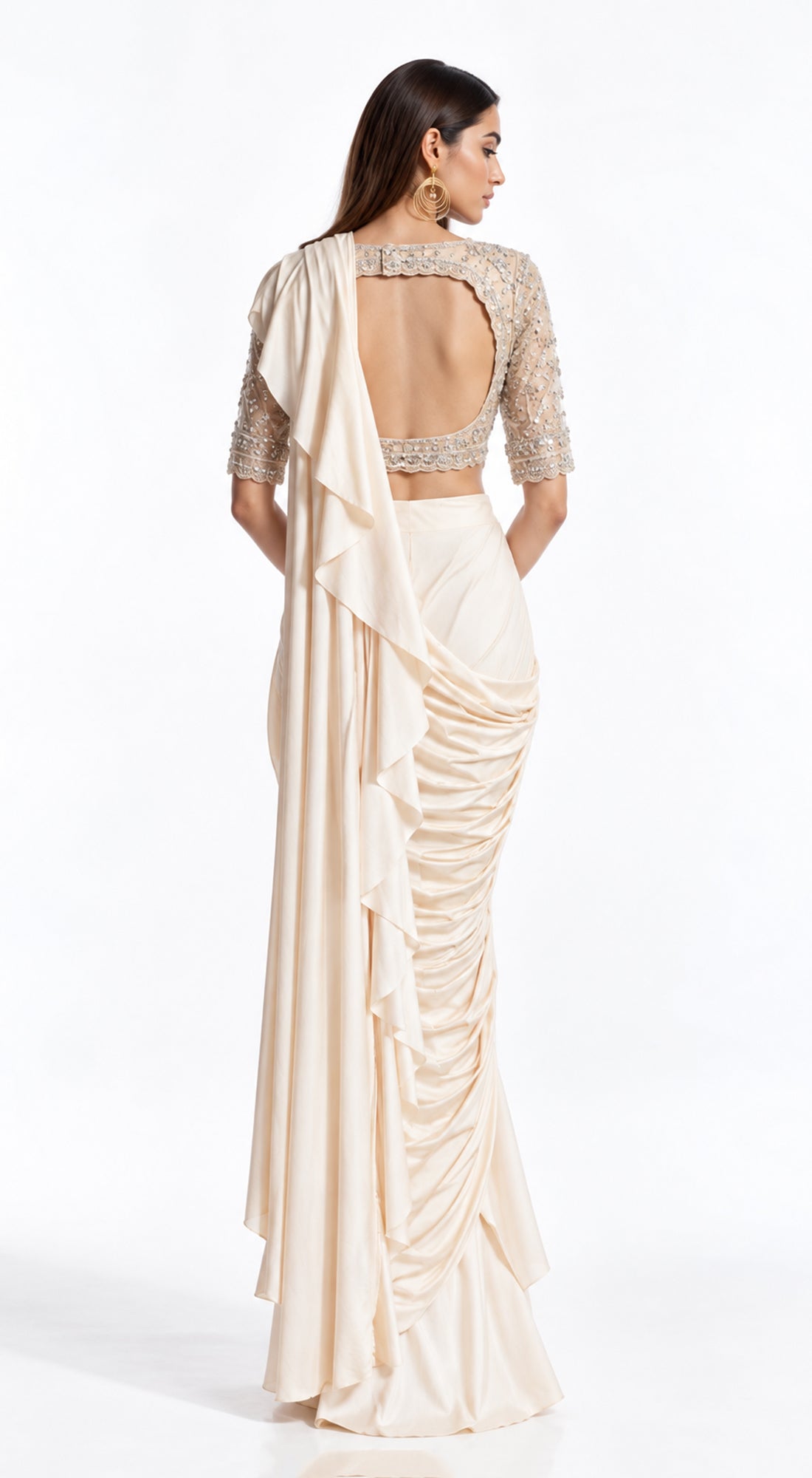 IVORY EMBROIDERED DRAPED RUFFLE SAREE - BRR-3770-GOLD - image 4