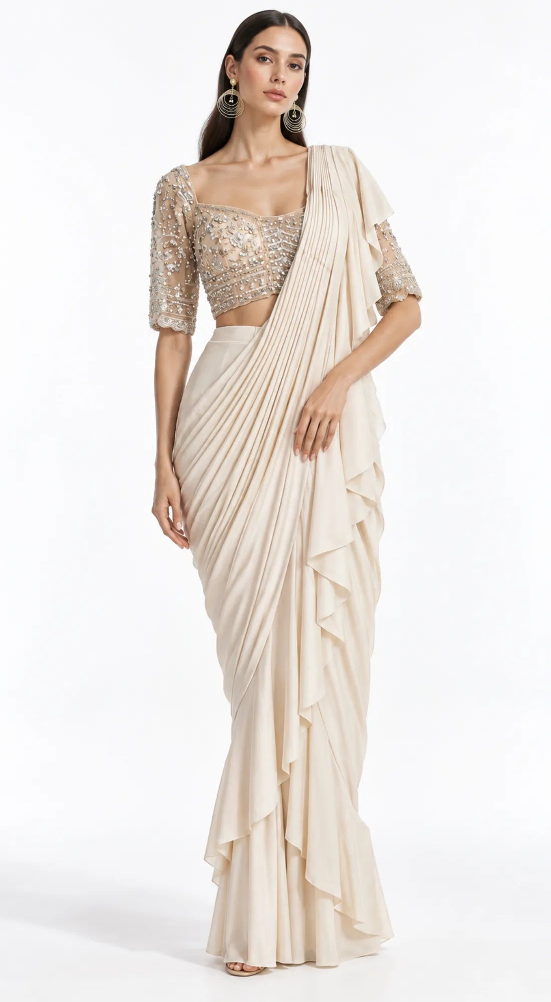 IVORY EMBROIDERED DRAPED RUFFLE SAREE - BRR-3770-GOLD - image 1