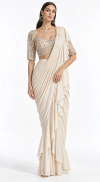 IVORY EMBROIDERED DRAPED RUFFLE SAREE - BRR-3770-GOLD - image 1