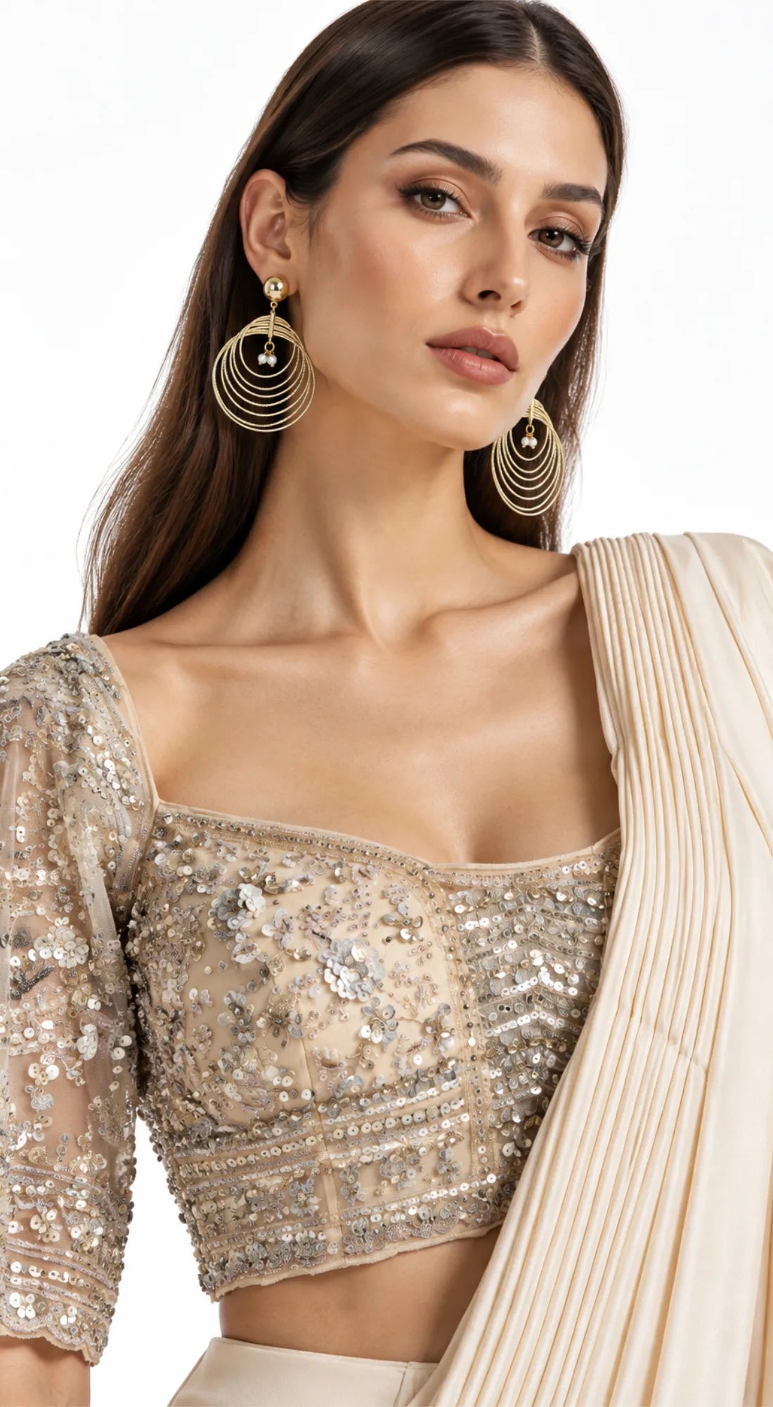 IVORY EMBROIDERED DRAPED RUFFLE SAREE - BRR-3770-GOLD - image 2