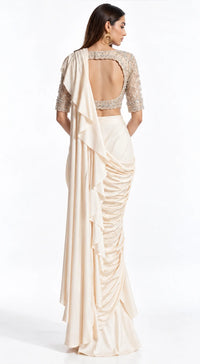 IVORY EMBROIDERED DRAPED RUFFLE SAREE - BRR-3770-GOLD - image 4