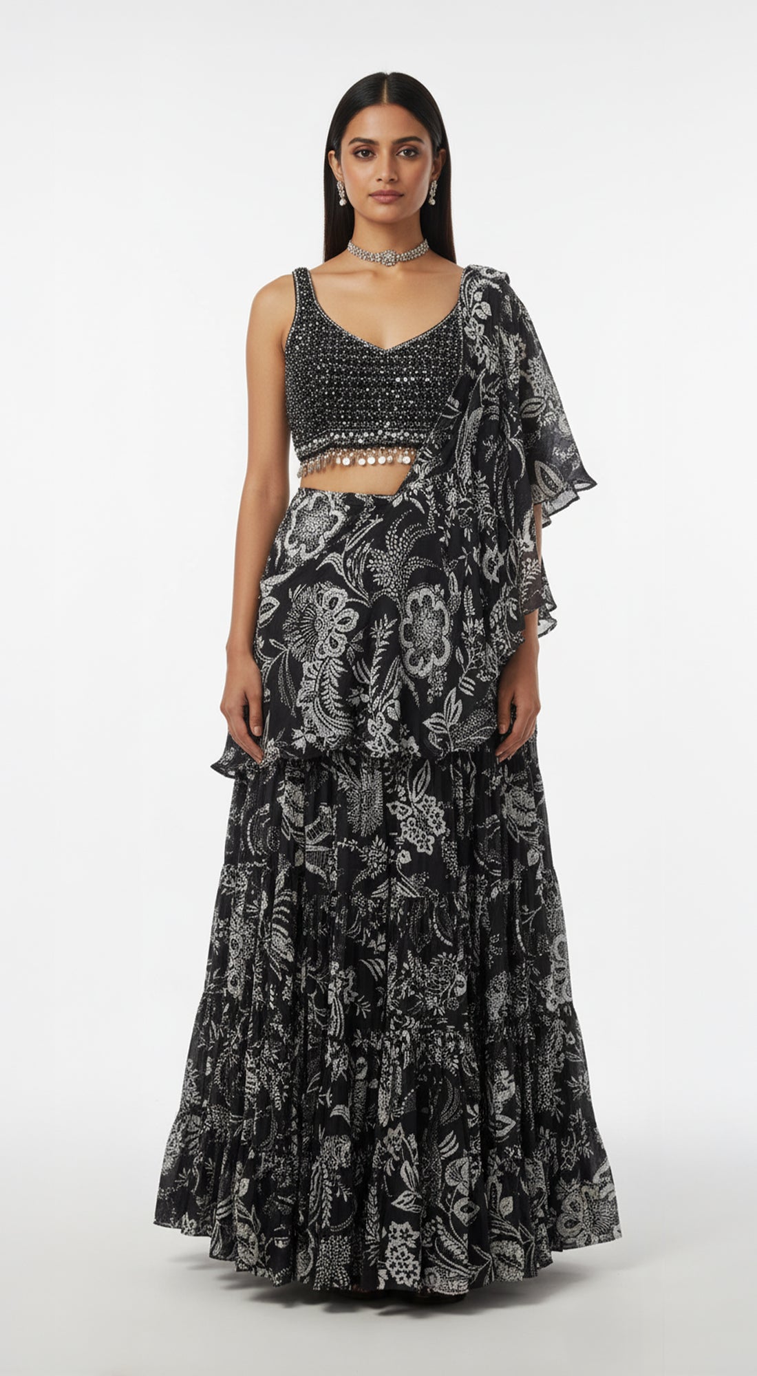 Black Crepe Draped Saree Set