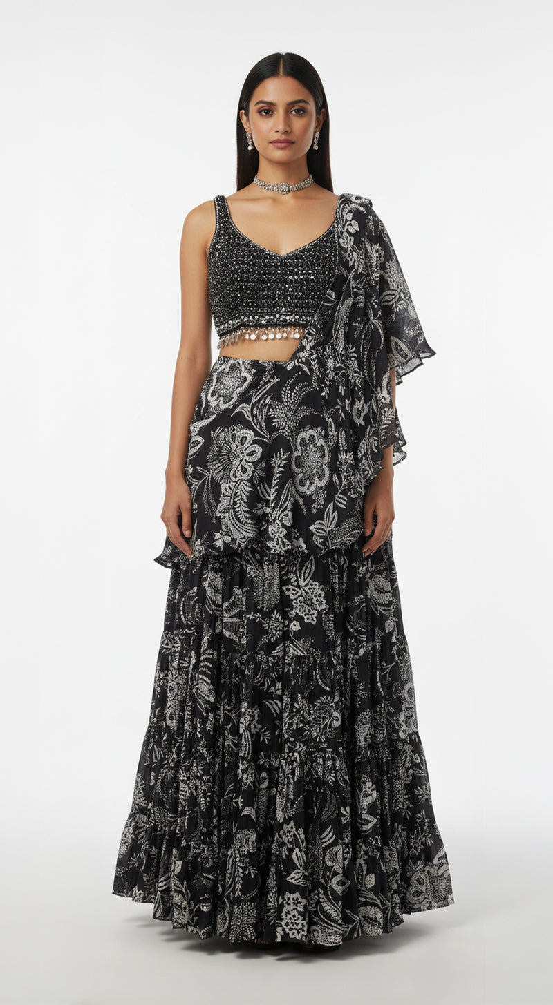 Black Crepe Draped Saree Set