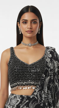 Black Crepe Draped Saree Set