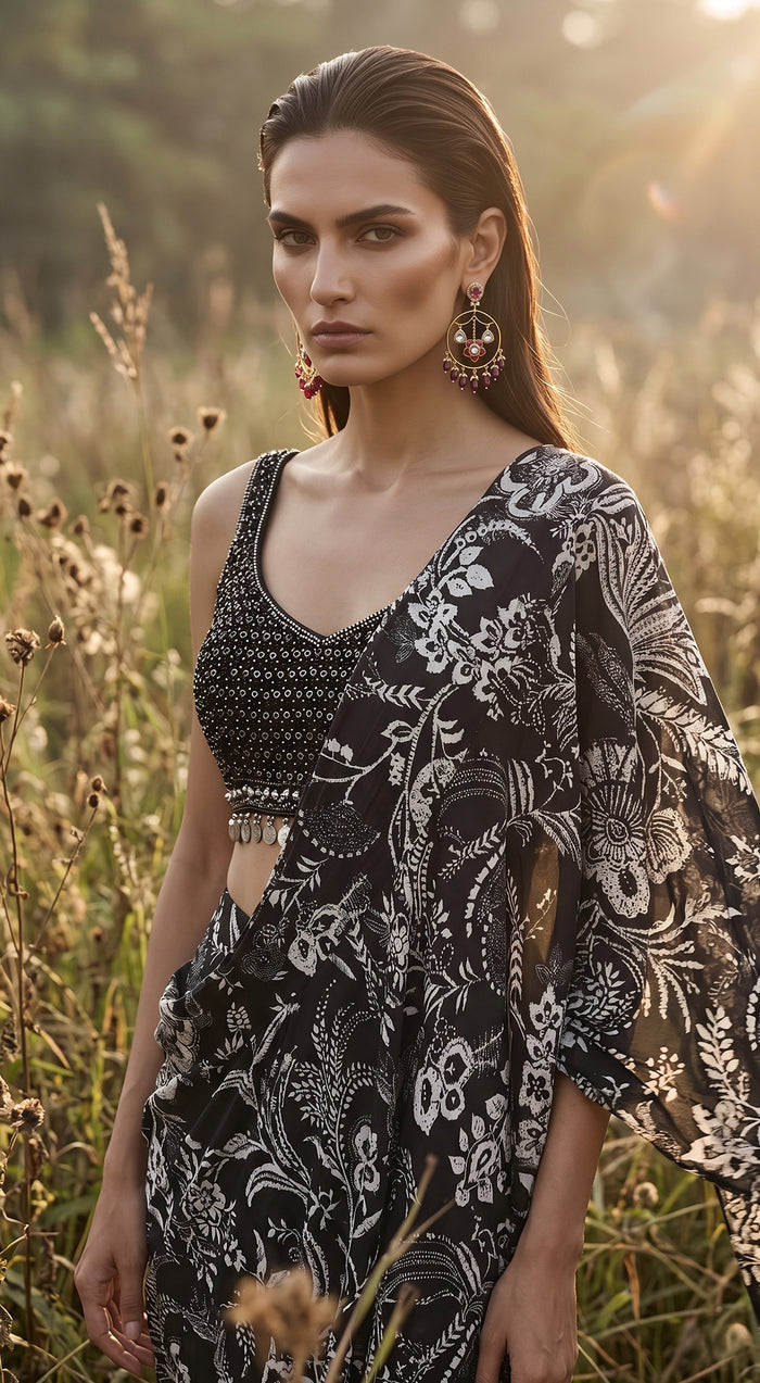 Black Crepe Draped Saree Set