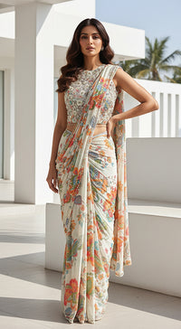 Ivory Georgette Embroidered Draped Saree