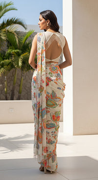 Ivory Georgette Embroidered Draped Saree