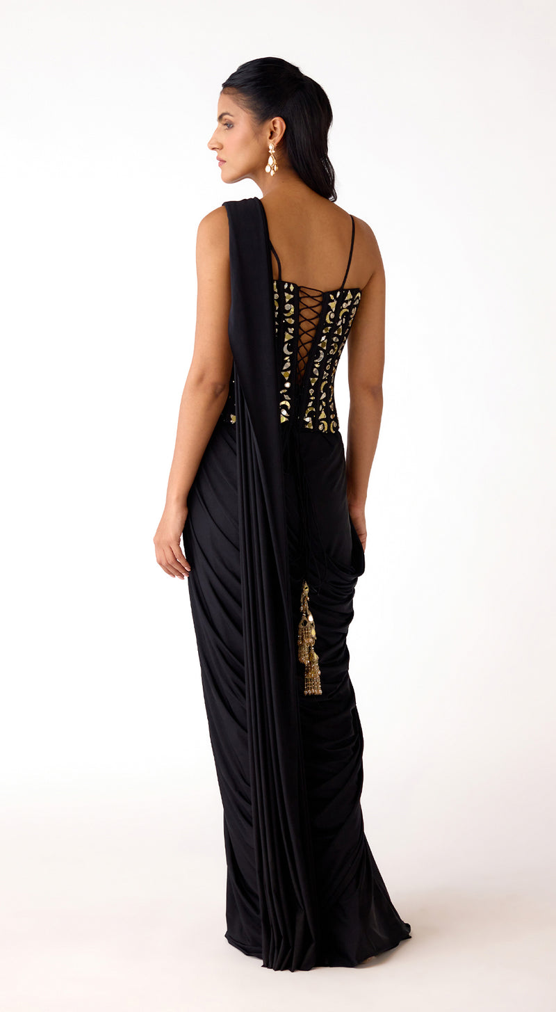 Black Corset Draped Saree Set