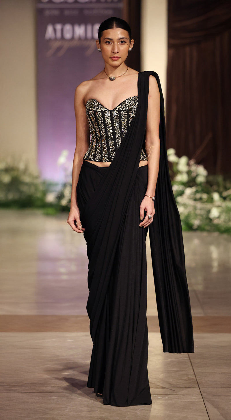 Black Corset Draped Saree Set