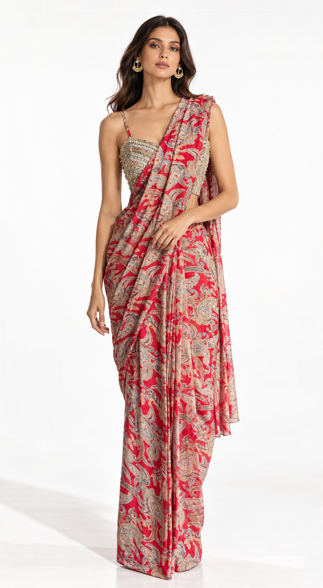 RED PAISLEY PRINTED DRAPED SAREE - BRR-4140-RED - image 1