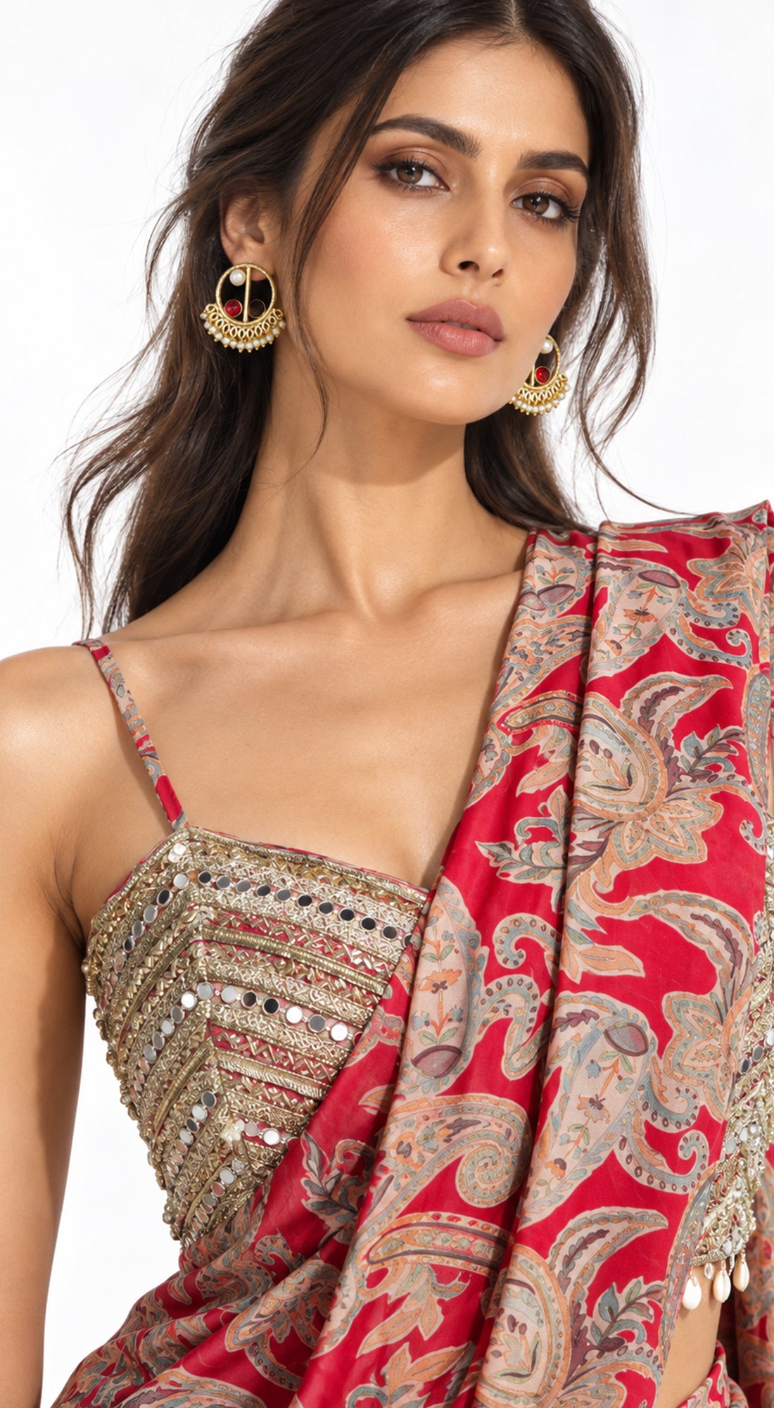RED PAISLEY PRINTED DRAPED SAREE - BRR-4140-RED - image 2