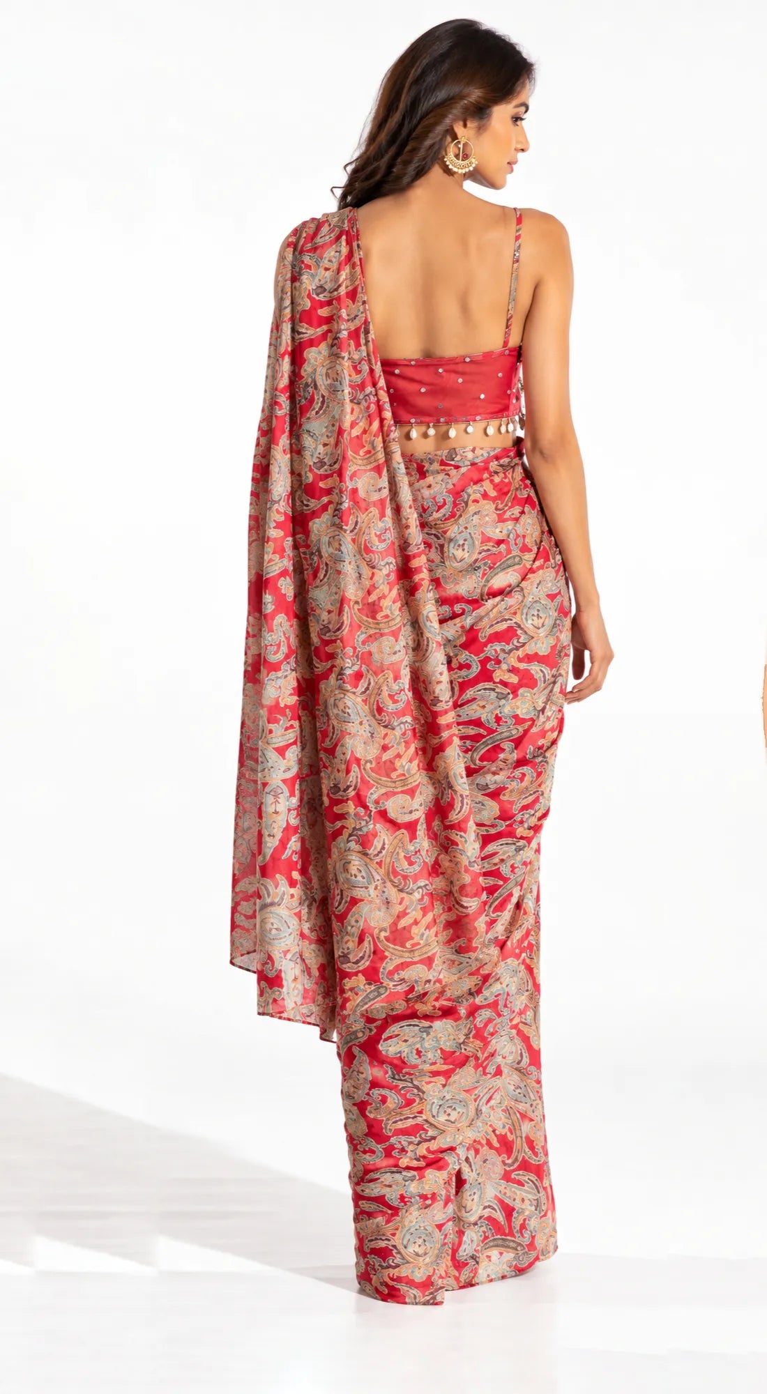 RED PAISLEY PRINTED DRAPED SAREE - BRR-4140-RED - image 4