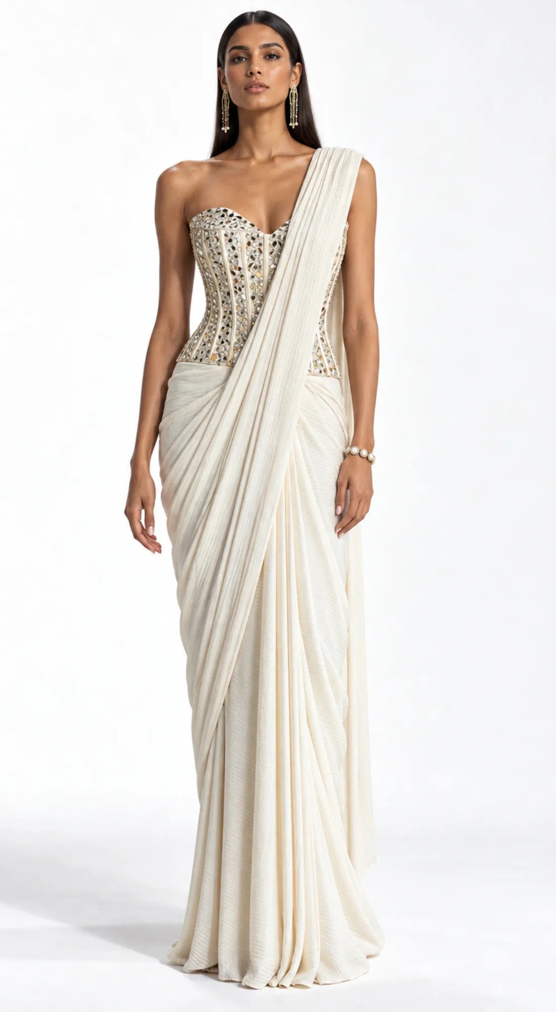 THE IMPERIAL DRAPE CORSET SAREE - BRR-4624-IVORY - image 1