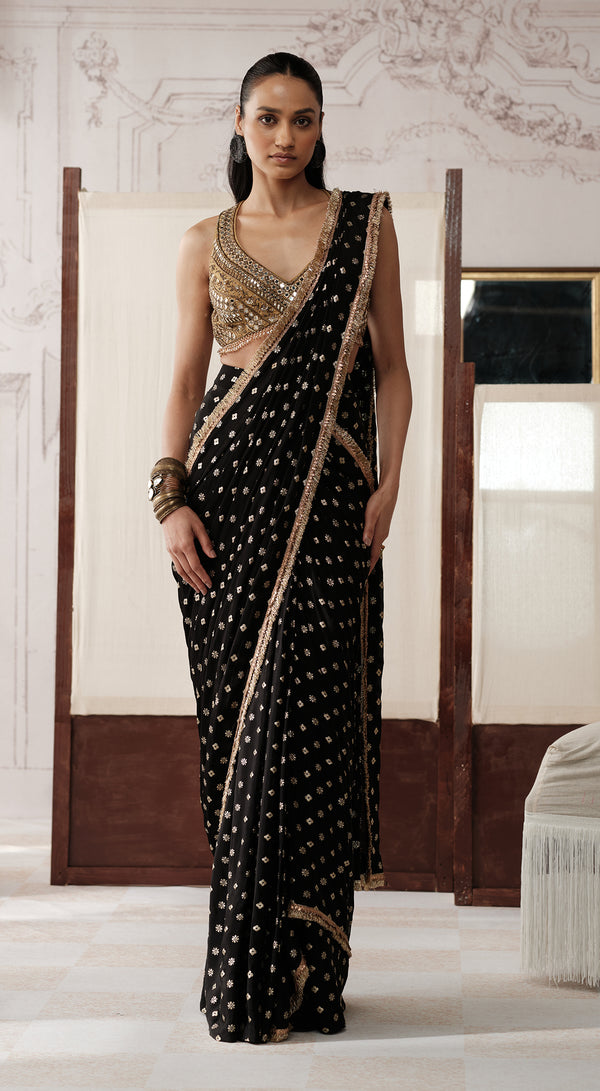 Black Designer draped saree with mirror cutdana and zari embroidery - Basanti kapde aur koffee