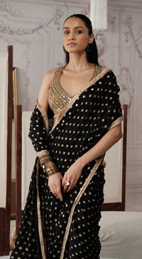 Black Designer draped saree with mirror cutdana and zari embroidery - Basanti kapde aur koffee