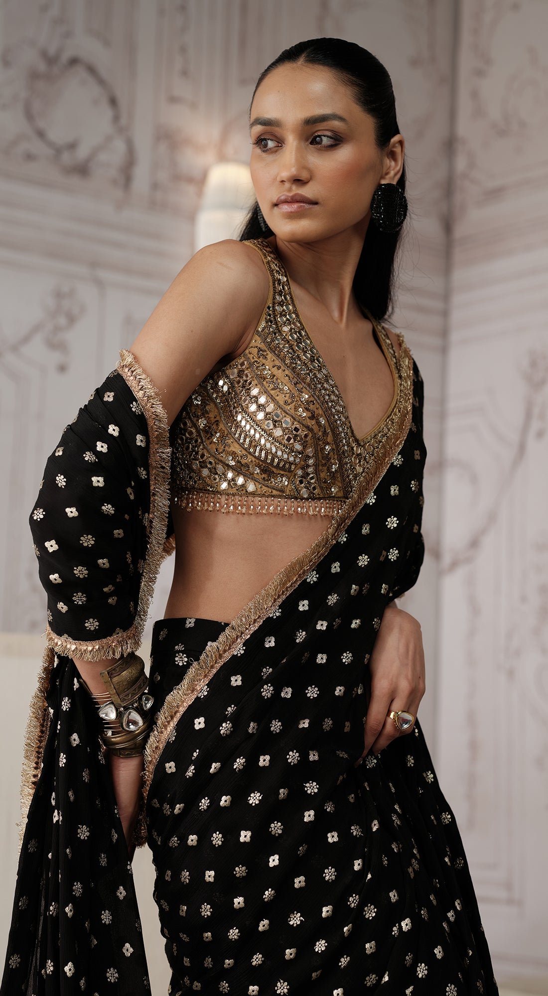 Black Designer draped saree with mirror cutdana and zari embroidery - Basanti kapde aur koffee
