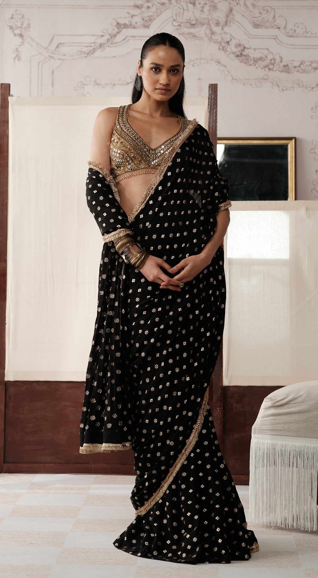 Black Designer draped saree with mirror cutdana and zari embroidery - Basanti kapde aur koffee