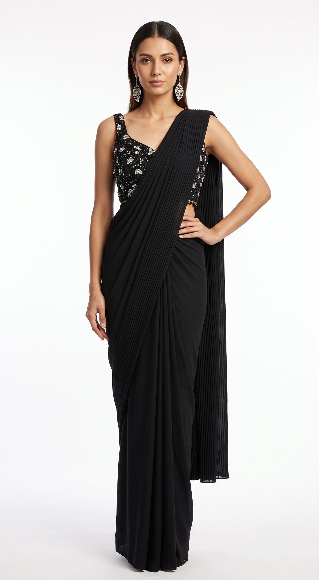 BLACK SEQUINS EMBROIDERED DRAPED SAREE - BRR-4810-BLACK - image 1