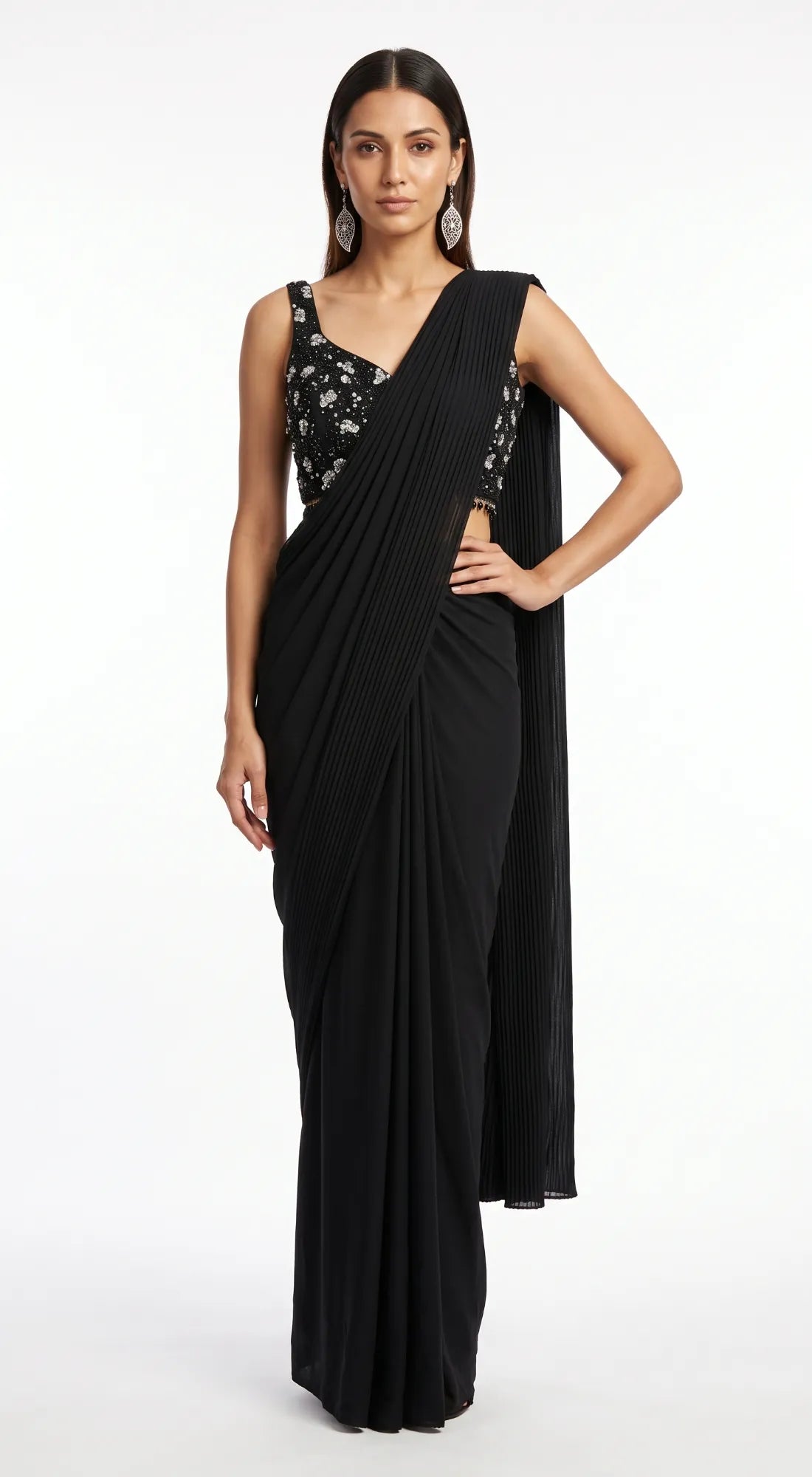BLACK SEQUINS EMBROIDERED DRAPED SAREE - BRR-4810-BLACK - image 1