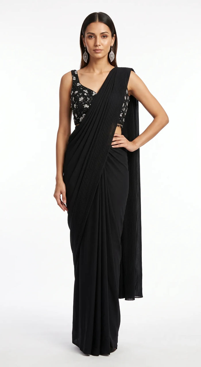 BLACK SEQUINS EMBROIDERED DRAPED SAREE - BRR-4810-BLACK - image 1