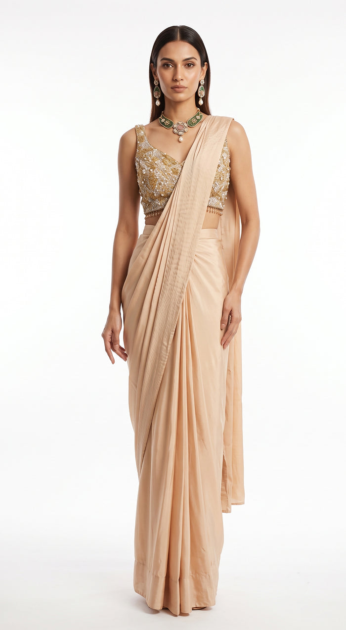 PEACH SEQUINS EMBROIDERED DRAPED SAREE - BRR-4810-CHAMPAGNE - image 1
