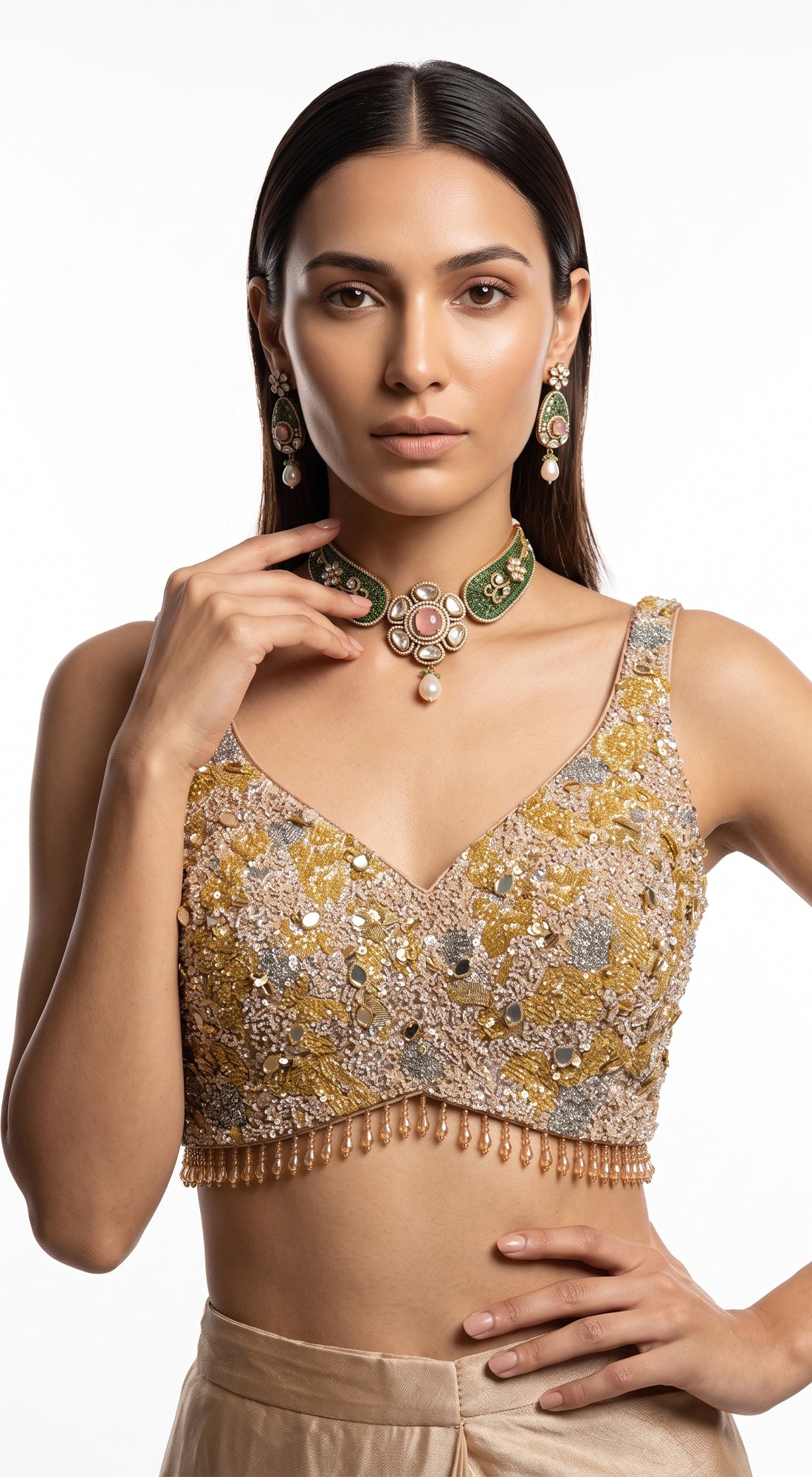 PEACH SEQUINS EMBROIDERED DRAPED SAREE - BRR-4810-CHAMPAGNE - image 2